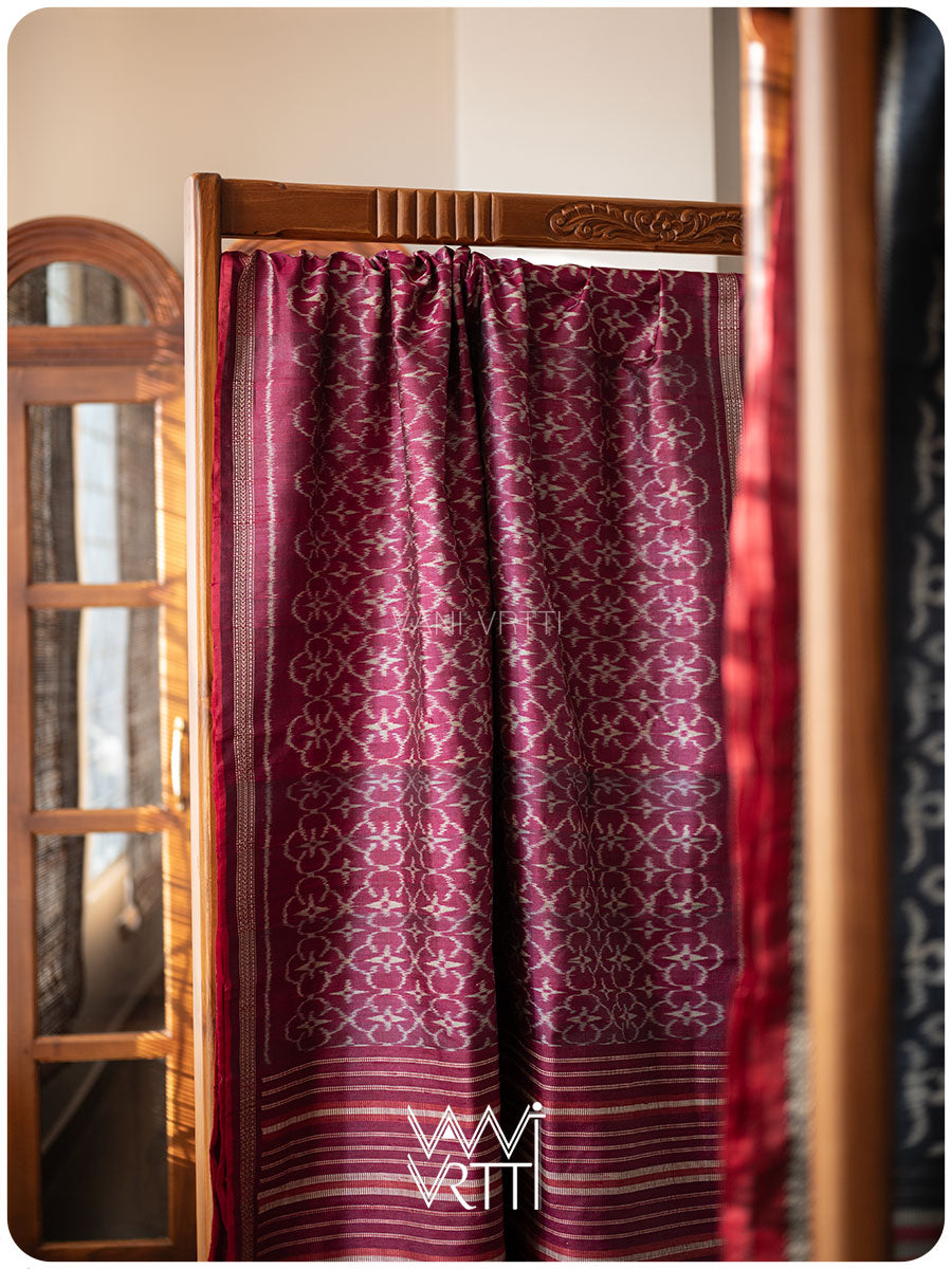 Deep Pink Chrysanthemum Master Weave Designer Handspun Ikat Tussar Silk Saree