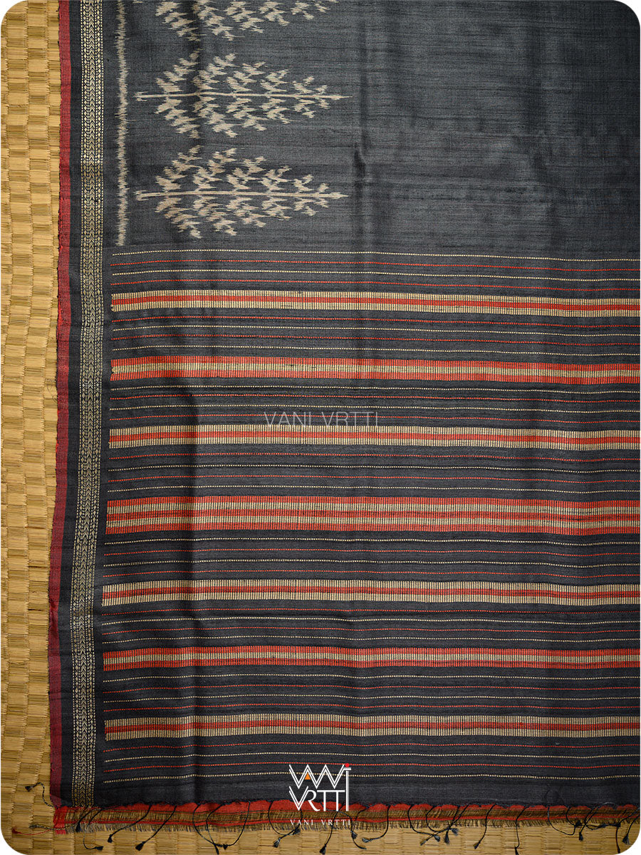 Slate Black Fern Butti Ikat Handspun Tussar Silk Saree