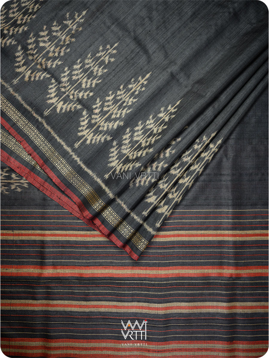 Slate Black Fern Butti Ikat Handspun Tussar Silk Saree