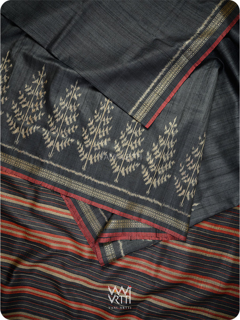 Slate Black Fern Butti Ikat Handspun Tussar Silk Saree