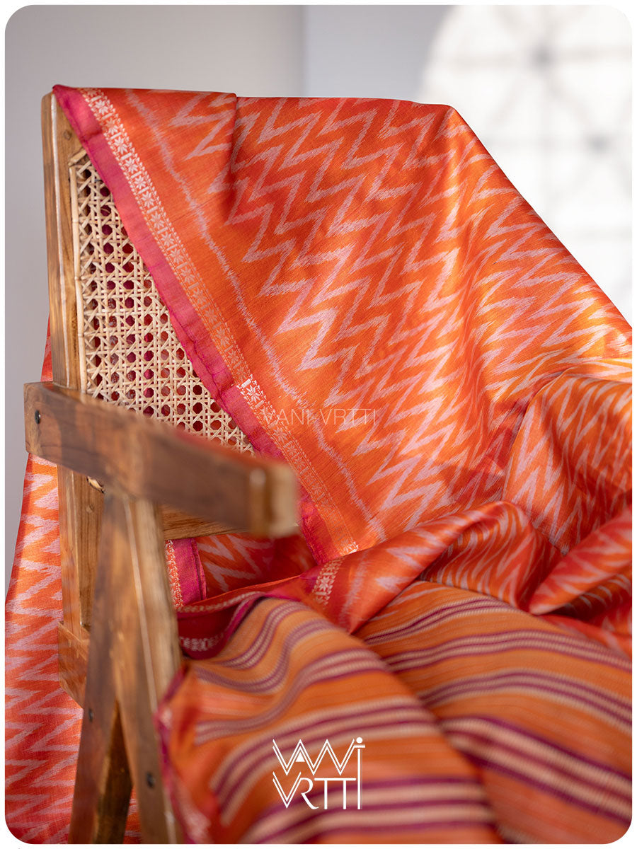 Orange Aziz Ikat Handspun Tussar Silk Saree