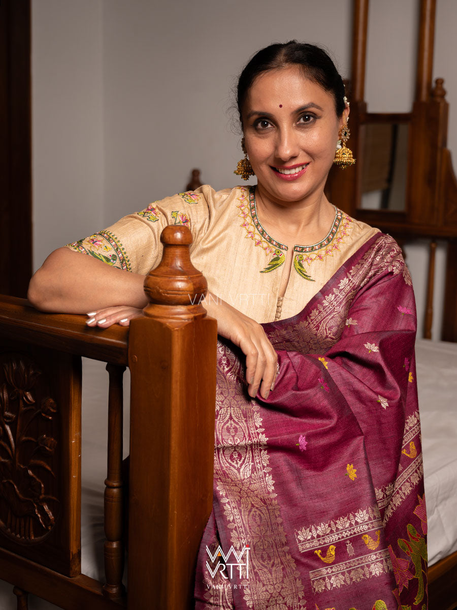 Off White Lotus Parrot Hand Embroidery Tussar Silk Blouse