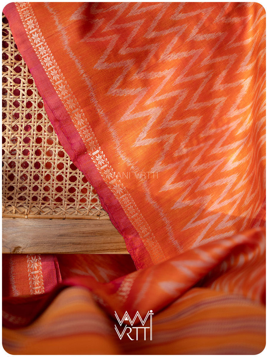 Orange Aziz Ikat Handspun Tussar Silk Saree