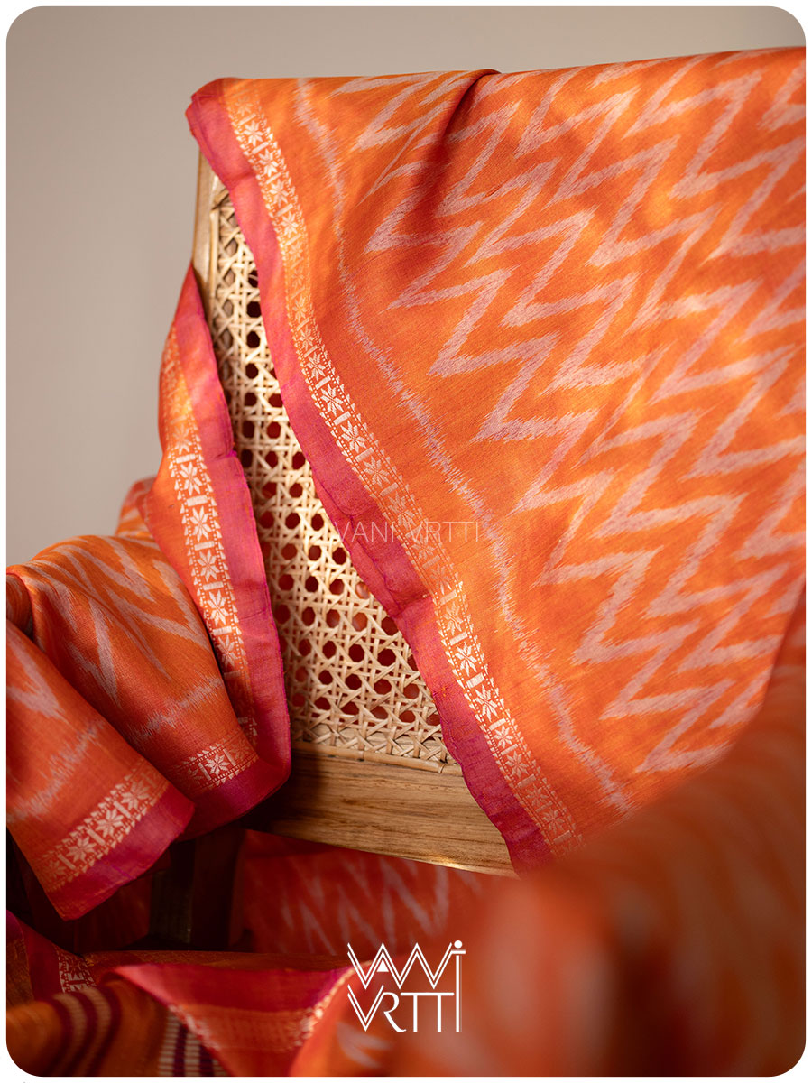 Orange Aziz Ikat Handspun Tussar Silk Saree