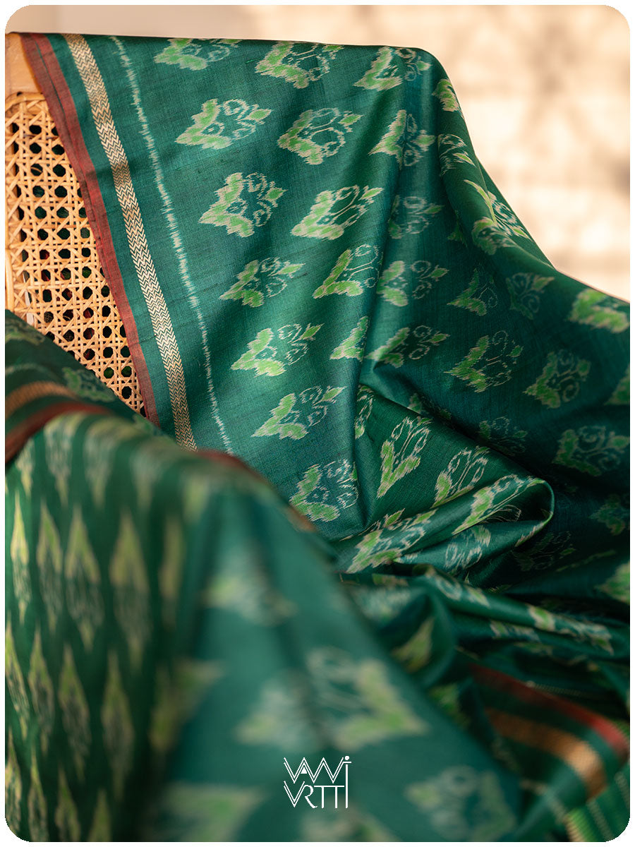 Emerald Green Prajapati Phool Ikat Handspun Tussar Silk Saree