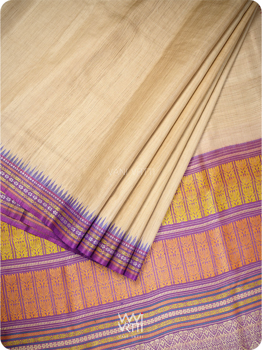 Off White Purple Red Ganga Jamuna Ananta Handspun Tussar Silk Saree