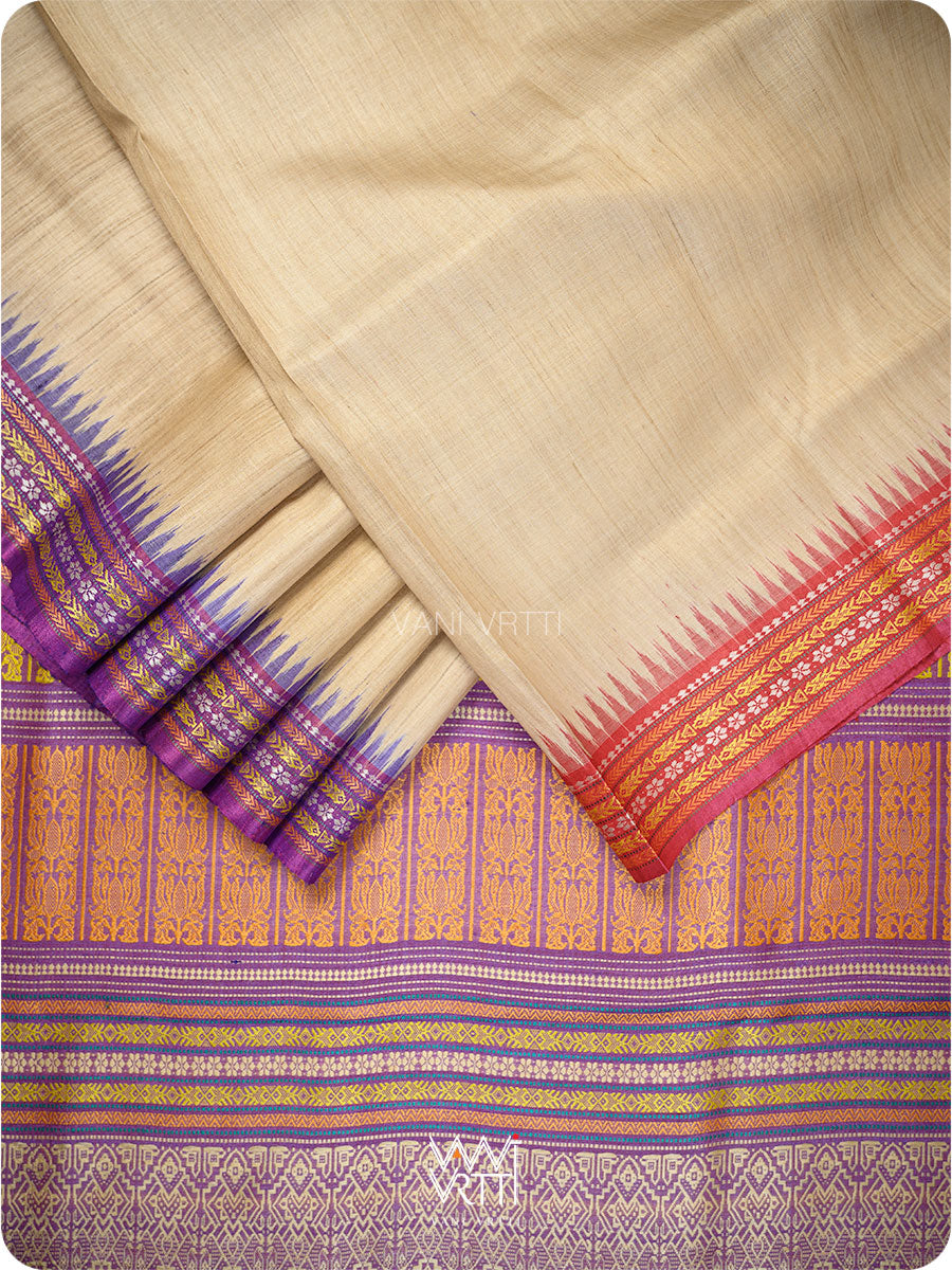 Off White Purple Red Ganga Jamuna Ananta Handspun Tussar Silk Saree