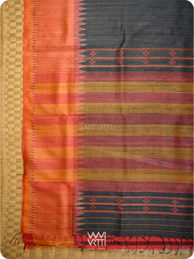 Black Orange Red Sangam Bristi Handspun Tussar Silk Saree