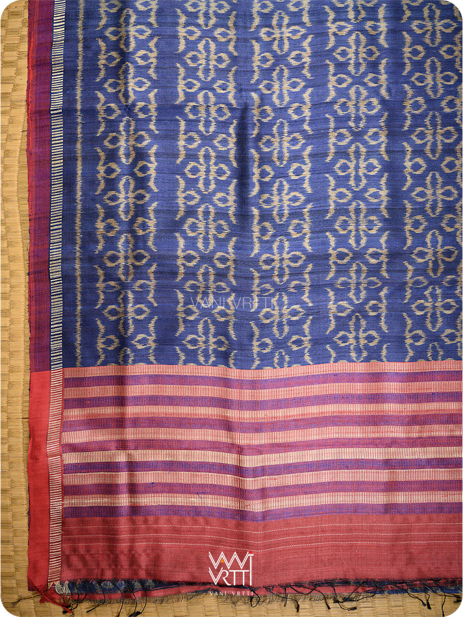 Royal Blue Ashok Phool Ikat Handspun Tussar Silk Saree