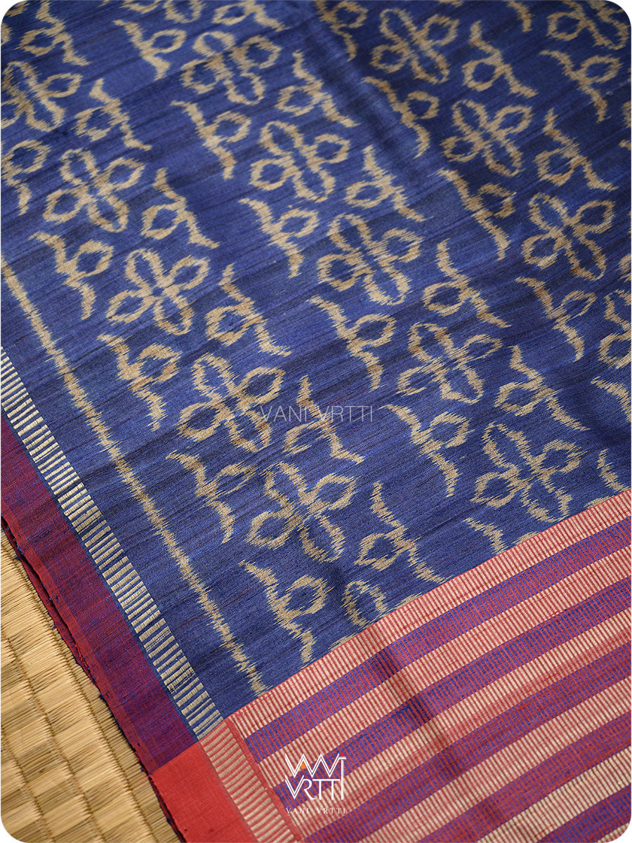 Royal Blue Ashok Phool Ikat Handspun Tussar Silk Saree