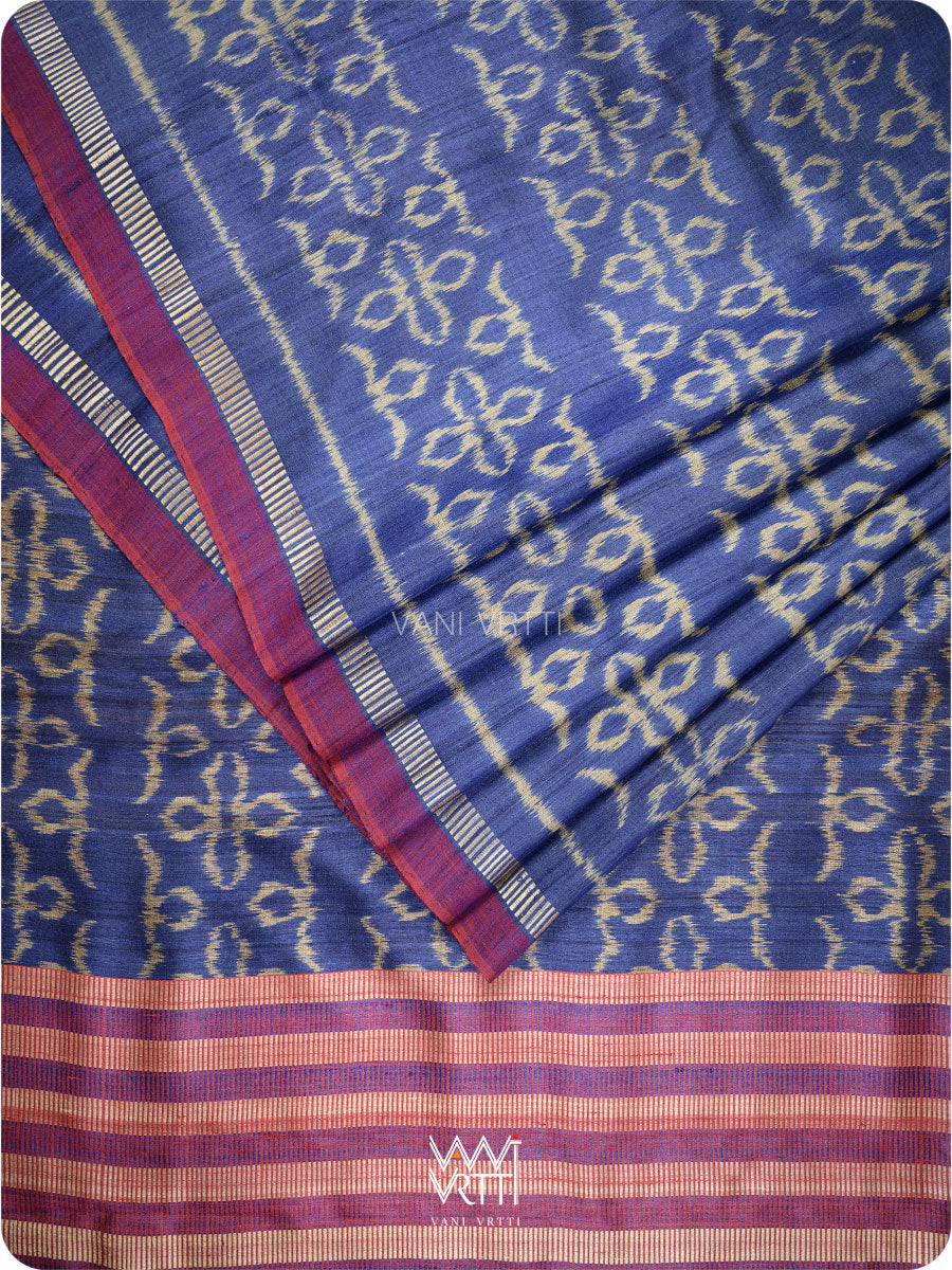 Royal Blue Ashok Phool Ikat Handspun Tussar Silk Saree