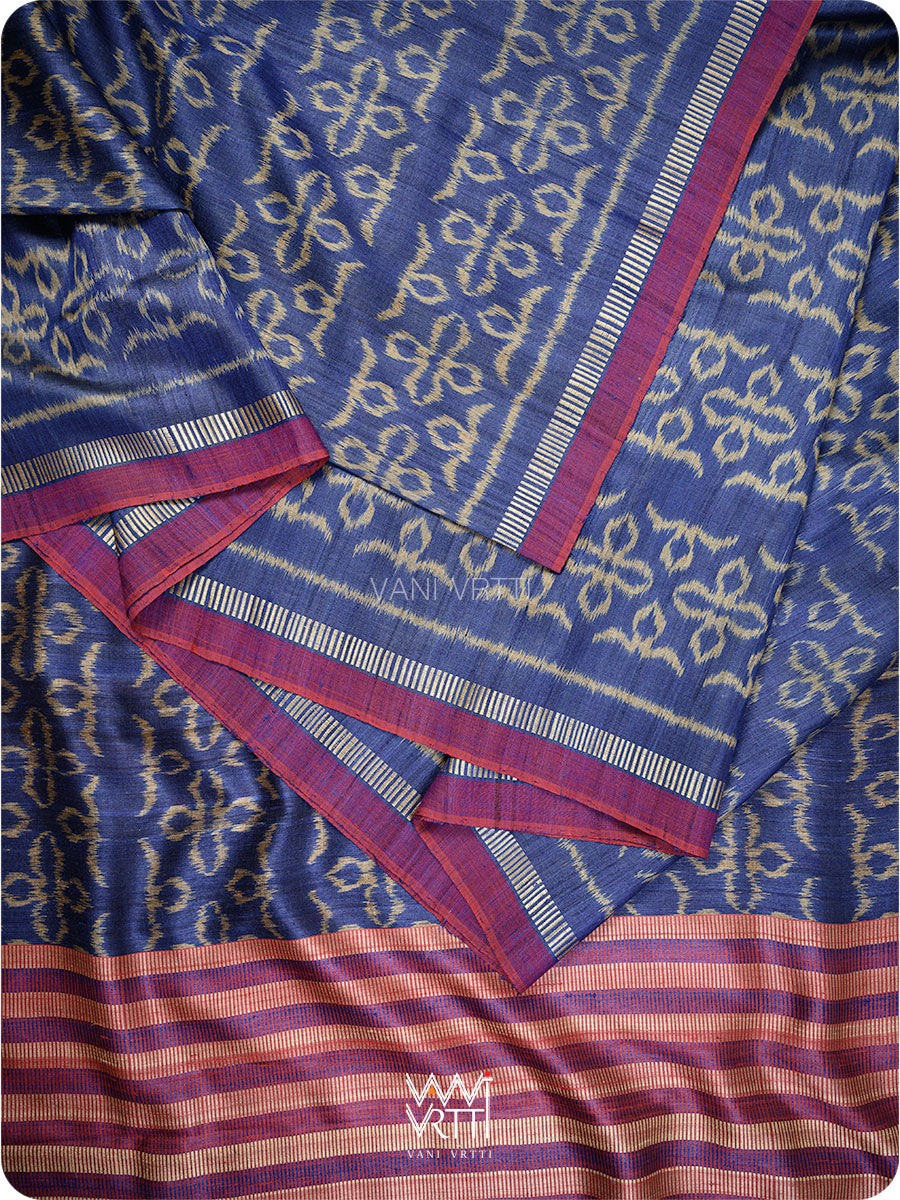 Royal Blue Ashok Phool Ikat Handspun Tussar Silk Saree