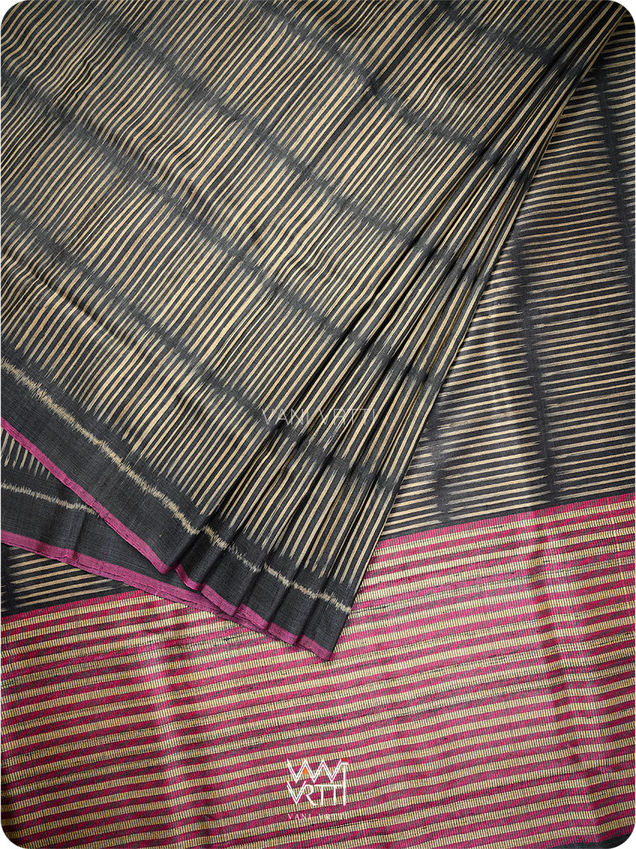 Black Manira Ikat Handspun Tussar Silk Saree