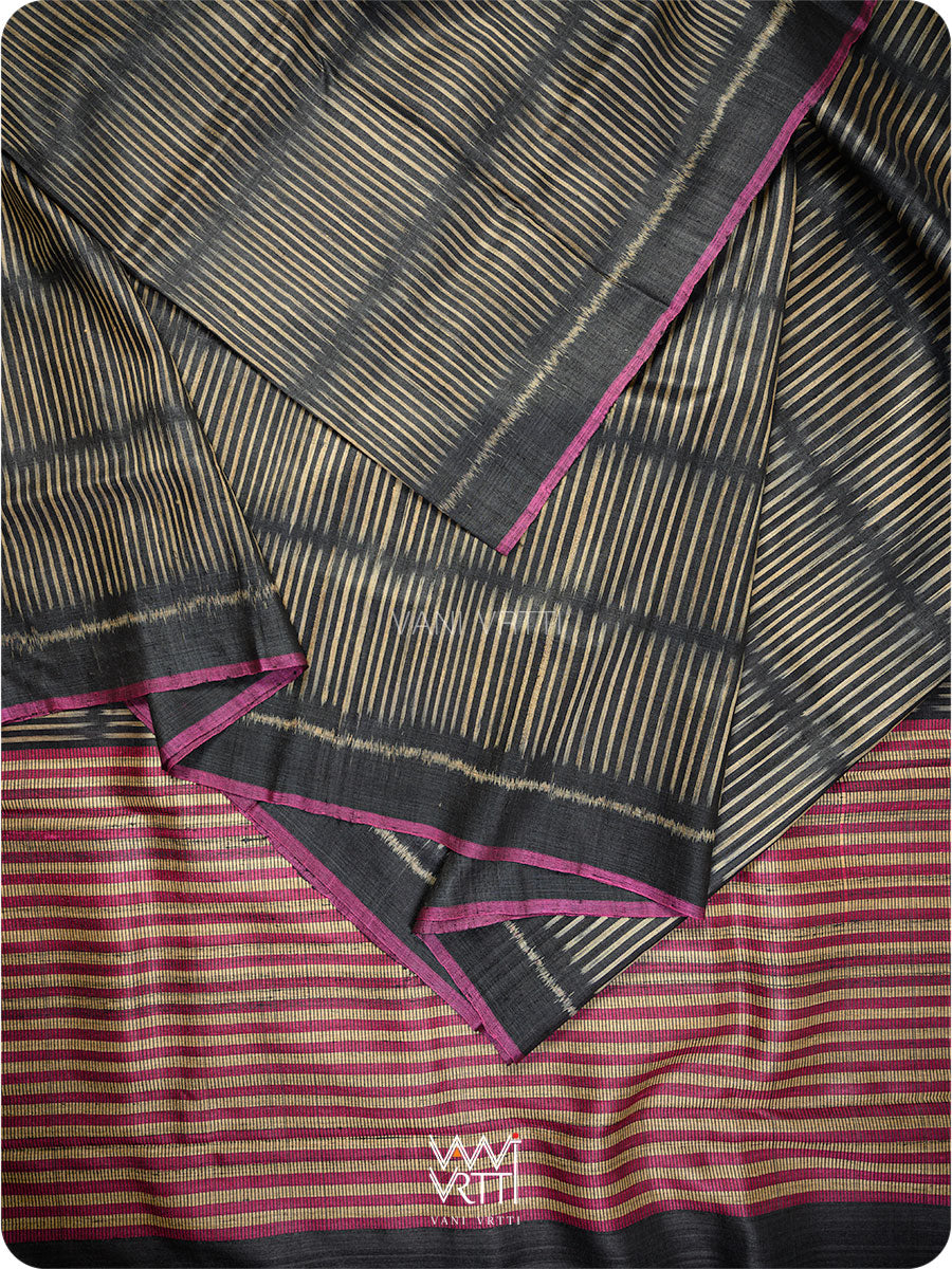 Black Manira Ikat Handspun Tussar Silk Saree