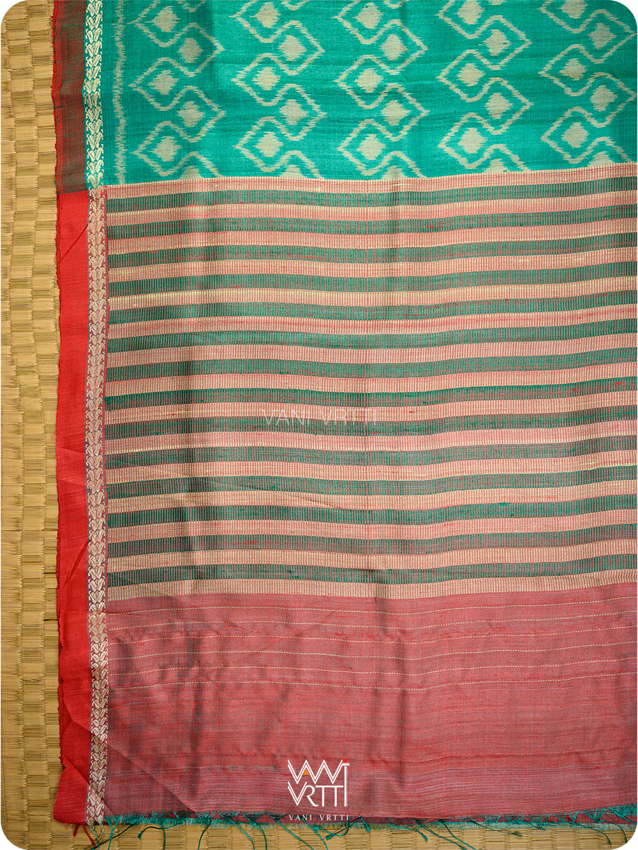 Emerald Green Red Santati Ikat Handspun Tussar Silk Saree