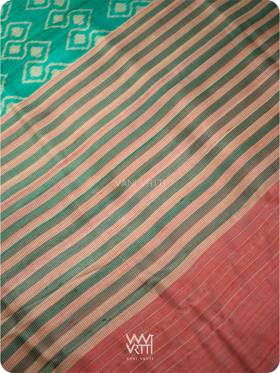 Emerald Green Red Santati Ikat Handspun Tussar Silk Saree