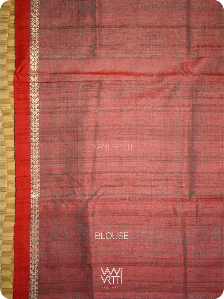 Emerald Green Red Santati Ikat Handspun Tussar Silk Saree