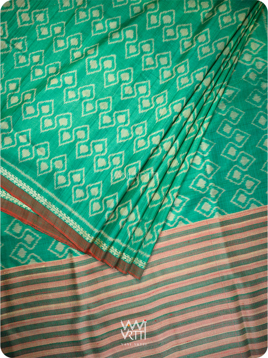 Emerald Green Red Santati Ikat Handspun Tussar Silk Saree
