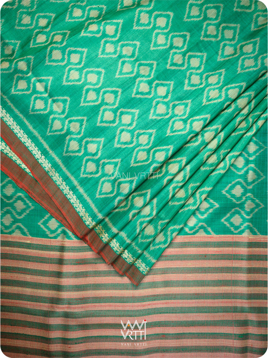 Emerald Green Red Santati Ikat Handspun Tussar Silk Saree