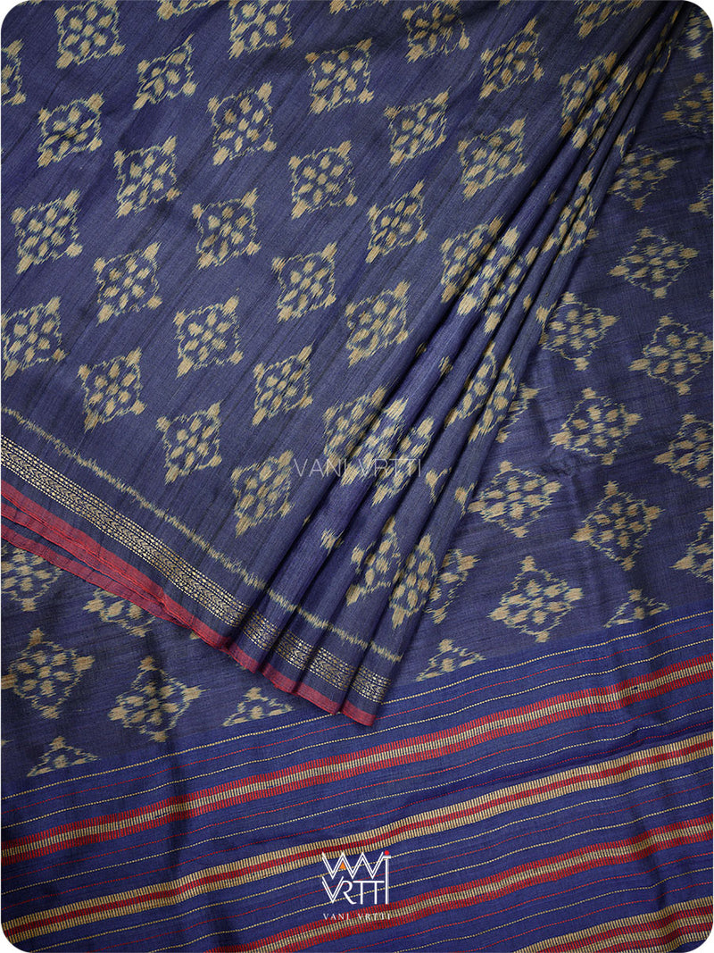 Ink Blue Nargis Ikat Handspun Tussar Silk Sari