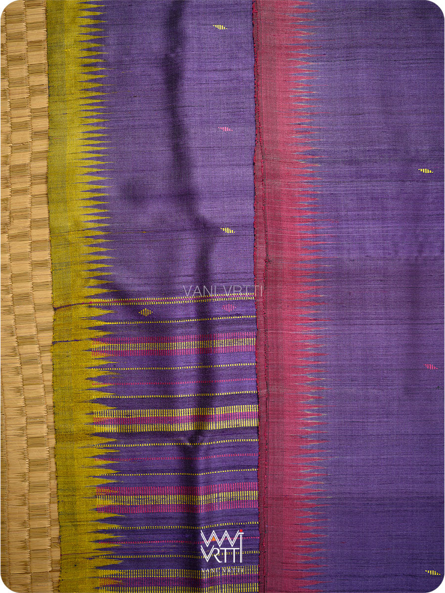 Deep Baingani Lime Green Magenta Ganga Jamuna Kondha Handspun Tussar Silk Saree