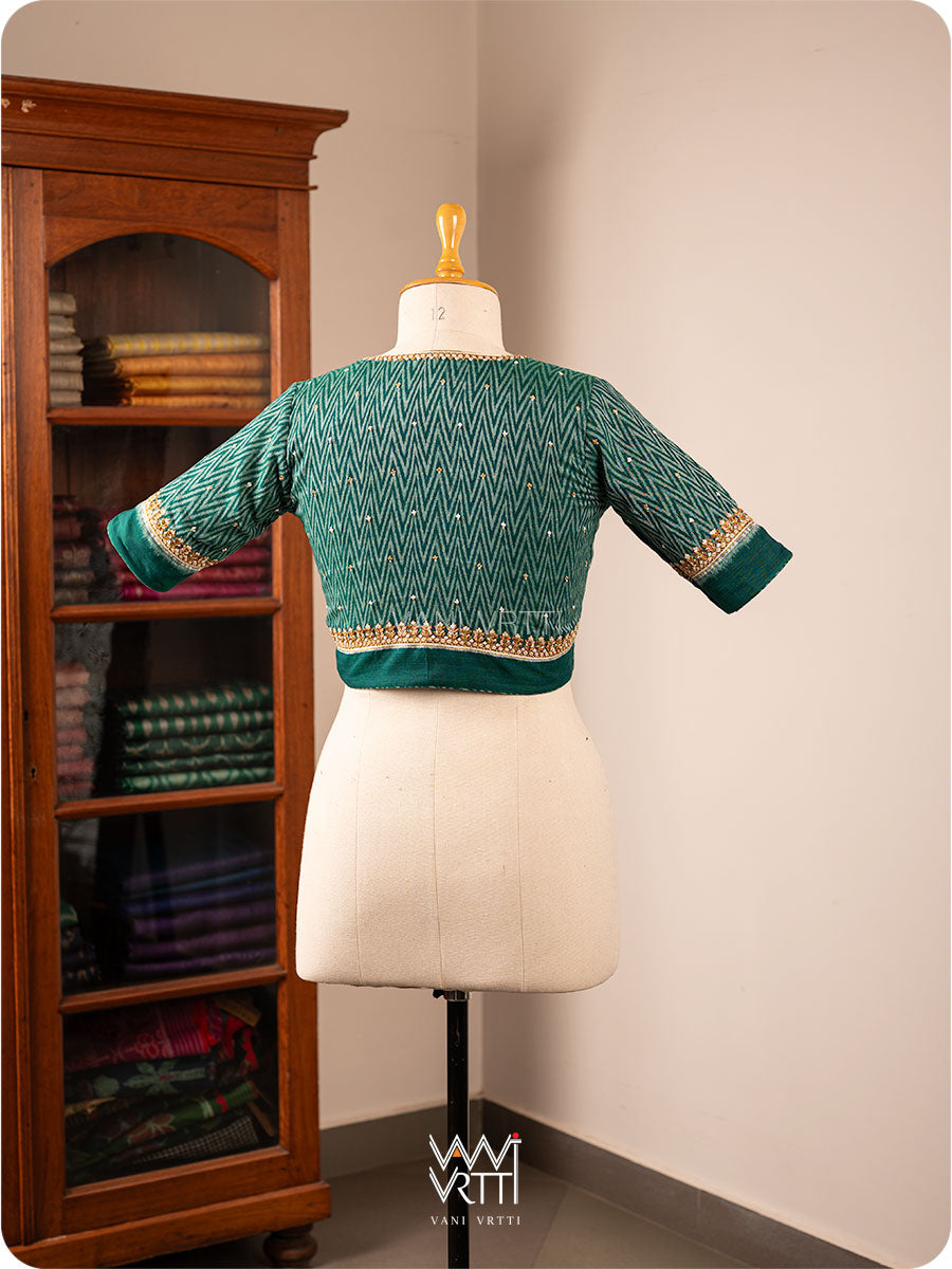Emerald Green Wheat Flower Zardozi Cotton Ikkat Blouse