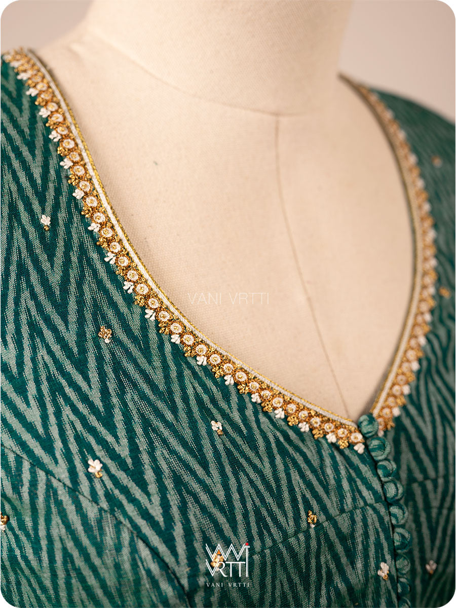 Emerald Green Wheat Flower Zardozi Cotton Ikkat Blouse