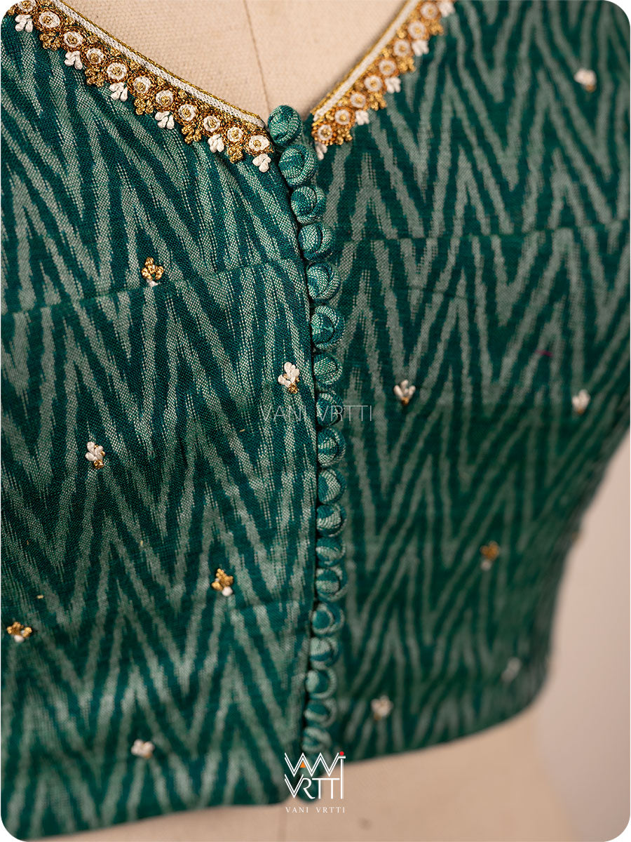 Emerald Green Wheat Flower Zardozi Cotton Ikkat Blouse