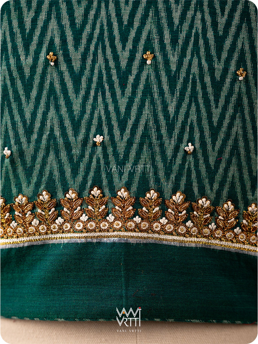 Emerald Green Wheat Flower Zardozi Cotton Ikkat Blouse