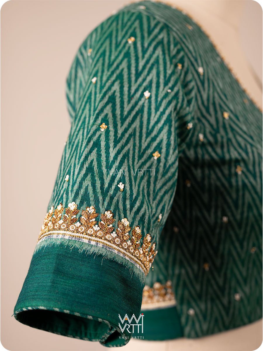 Emerald Green Wheat Flower Zardozi Cotton Ikkat Blouse