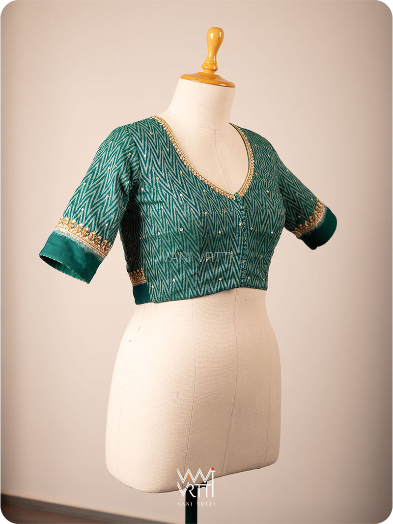 Emerald Green Wheat Flower Zardozi Cotton Ikkat Blouse