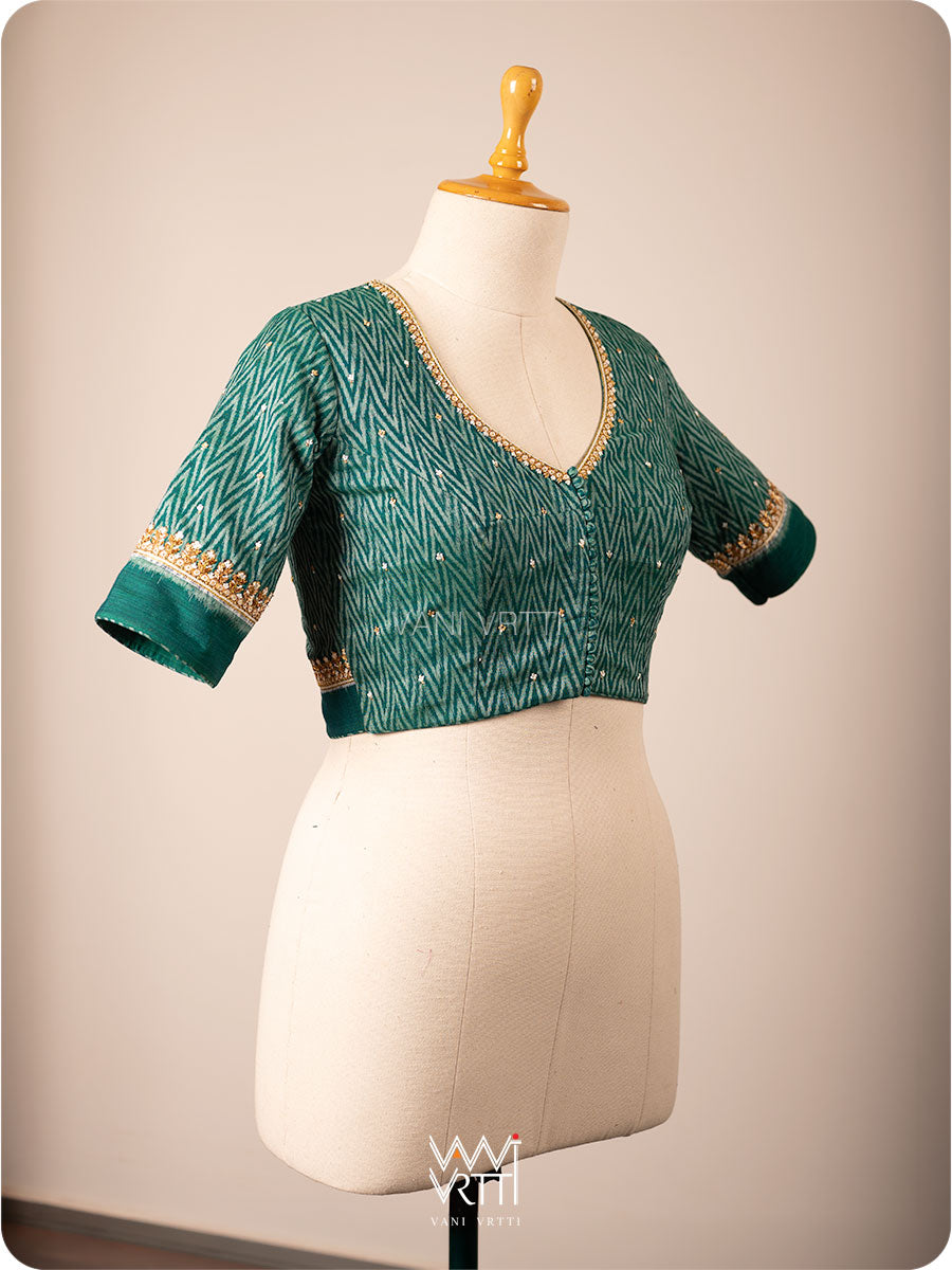 Emerald Green Wheat Flower Zardozi Cotton Ikkat Blouse