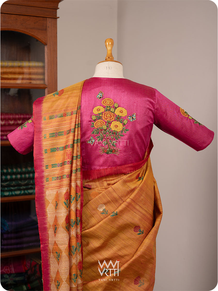 Rani Pink Marigold Plant And Butterflies Hand Embroidery Tussar Silk Blouse