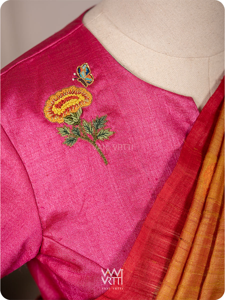 Rani Pink Marigold Plant And Butterflies Hand Embroidery Tussar Silk Blouse