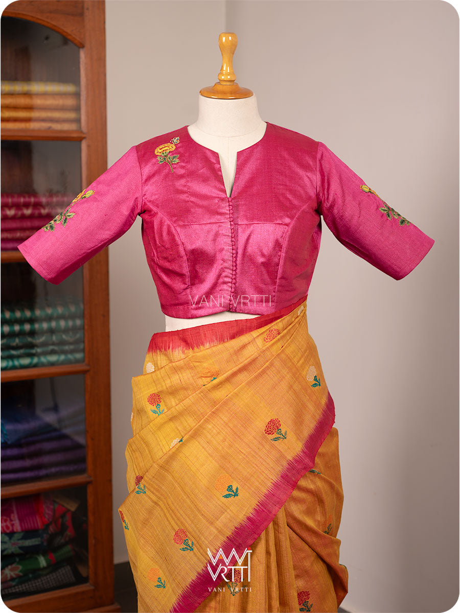 Rani Pink Marigold Plant And Butterflies Hand Embroidery Tussar Silk Blouse