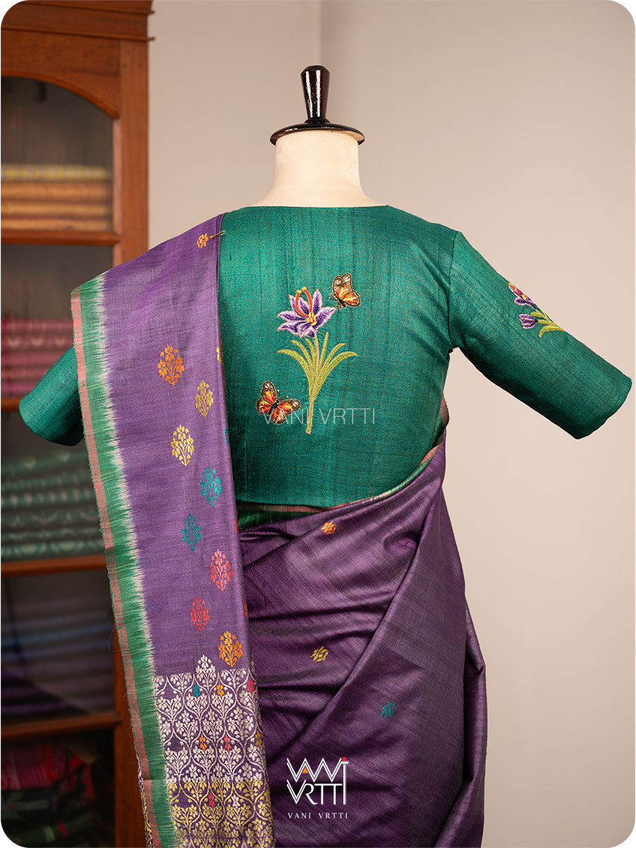 Emerald Green Saffron Flower And Monarch Butterflies Hand Embroidery Tussar Silk Blouse
