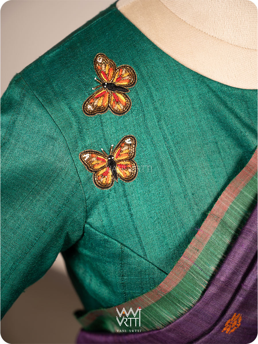 Emerald Green Saffron Flower And Monarch Butterflies Hand Embroidery Tussar Silk Blouse