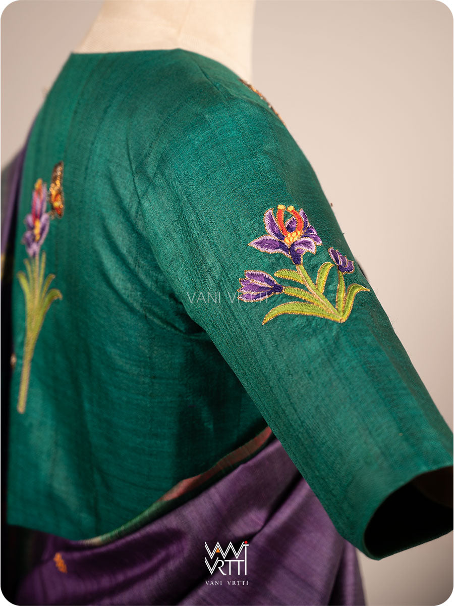 Emerald Green Saffron Flower And Monarch Butterflies Hand Embroidery Tussar Silk Blouse