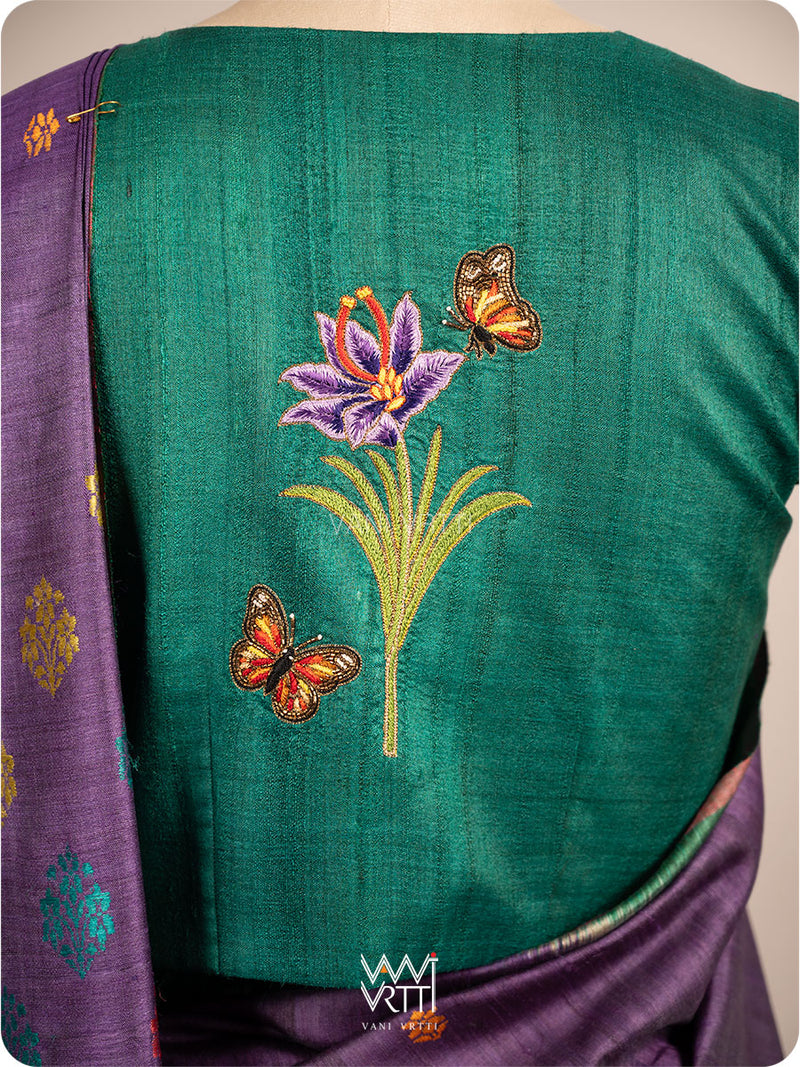 Emerald Green Saffron Flower And Monarch Butterflies Hand Embroidery Tussar Silk Blouse