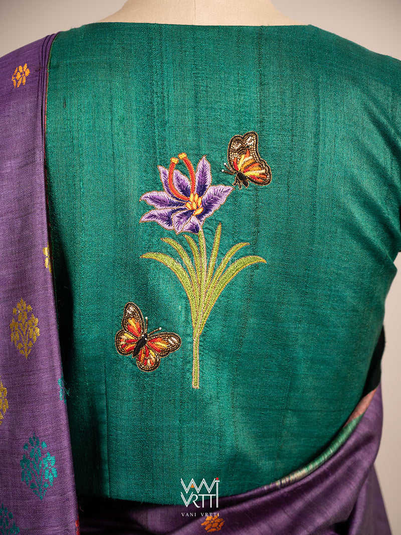 Emerald Green Saffron Flower And Monarch Butterflies Hand Embroidery Tussar Silk Blouse