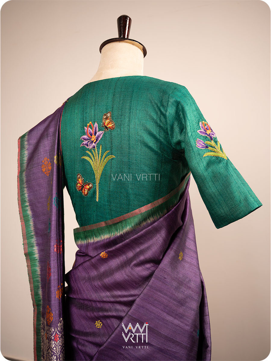 Emerald Green Saffron Flower And Monarch Butterflies Hand Embroidery Tussar Silk Blouse