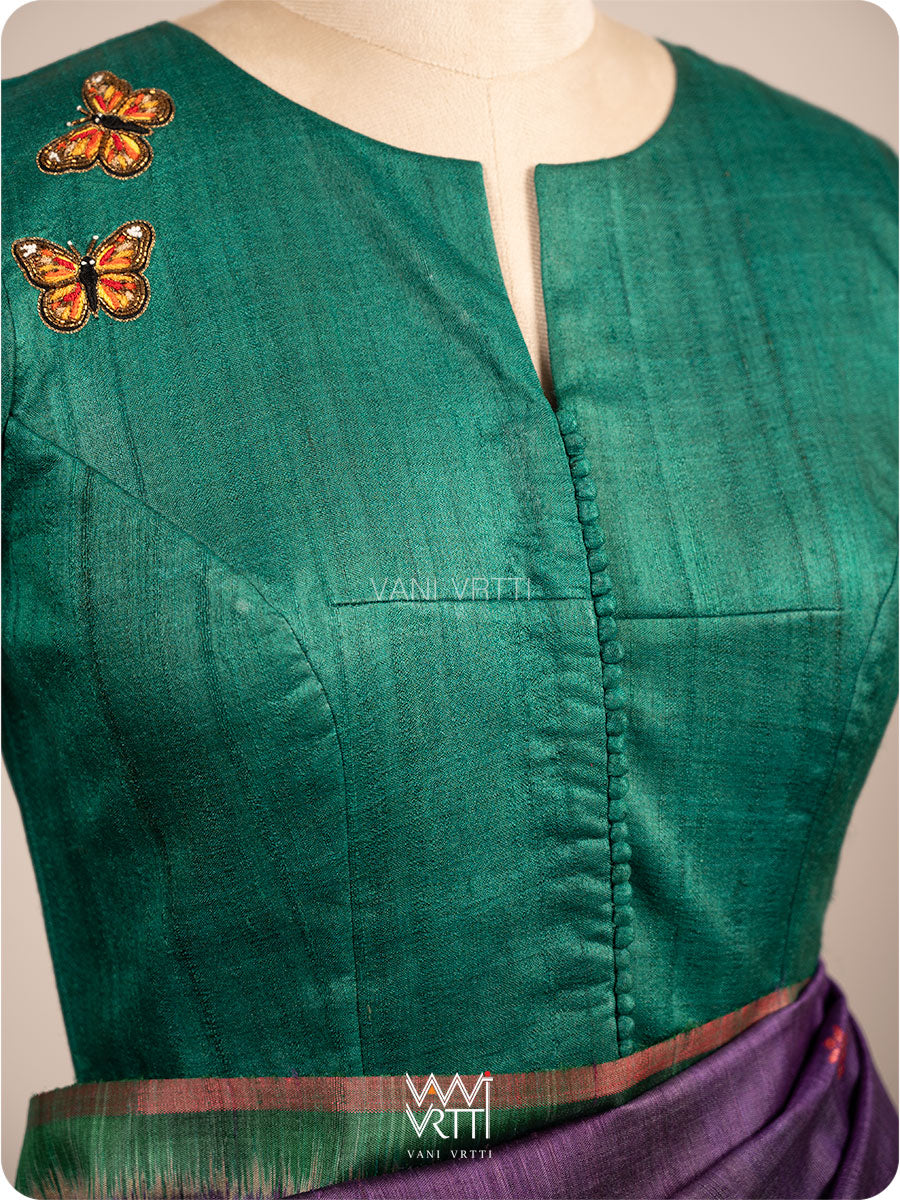 Emerald Green Saffron Flower And Monarch Butterflies Hand Embroidery Tussar Silk Blouse
