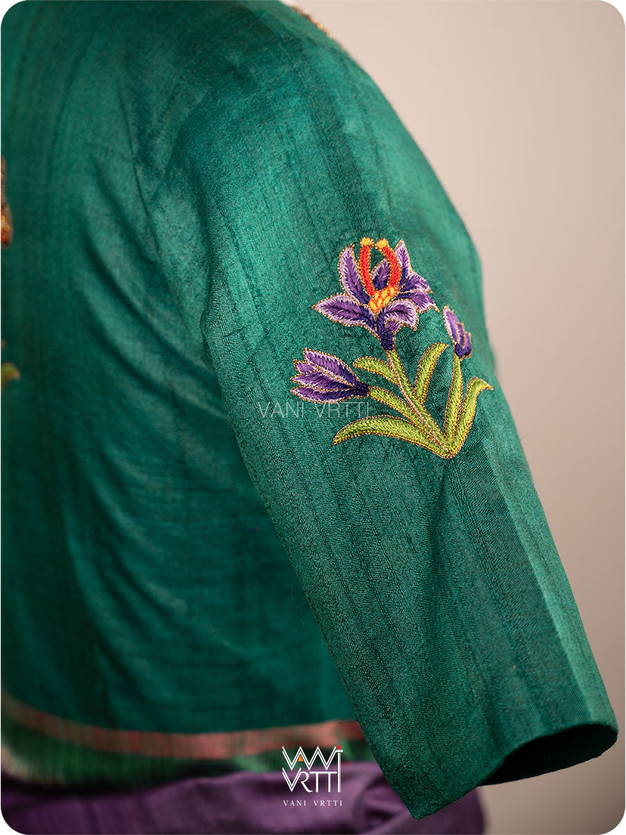 Emerald Green Saffron Flower And Monarch Butterflies Hand Embroidery Tussar Silk Blouse