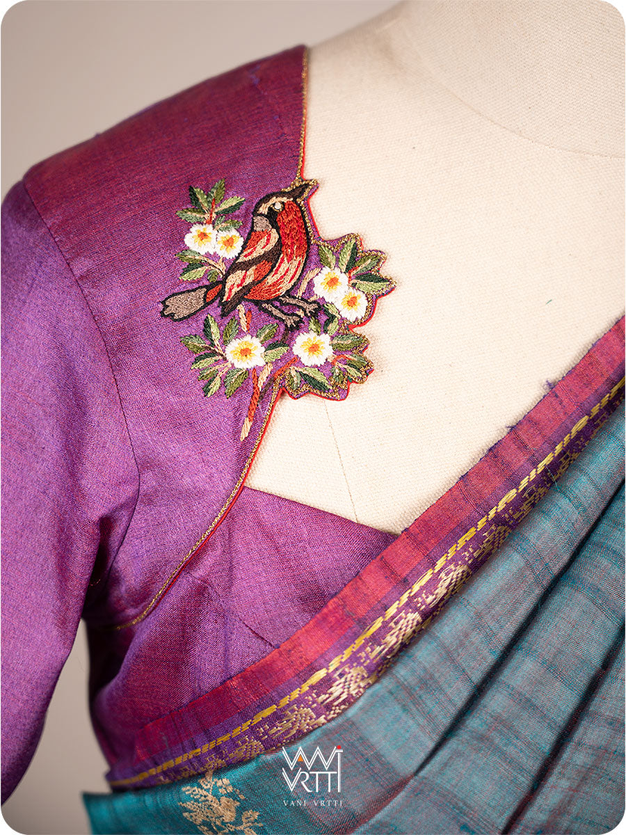 Reddish Purple Parijat Flowers And Nightingale Bird Hand Embroidery Tussar Silk Blouse