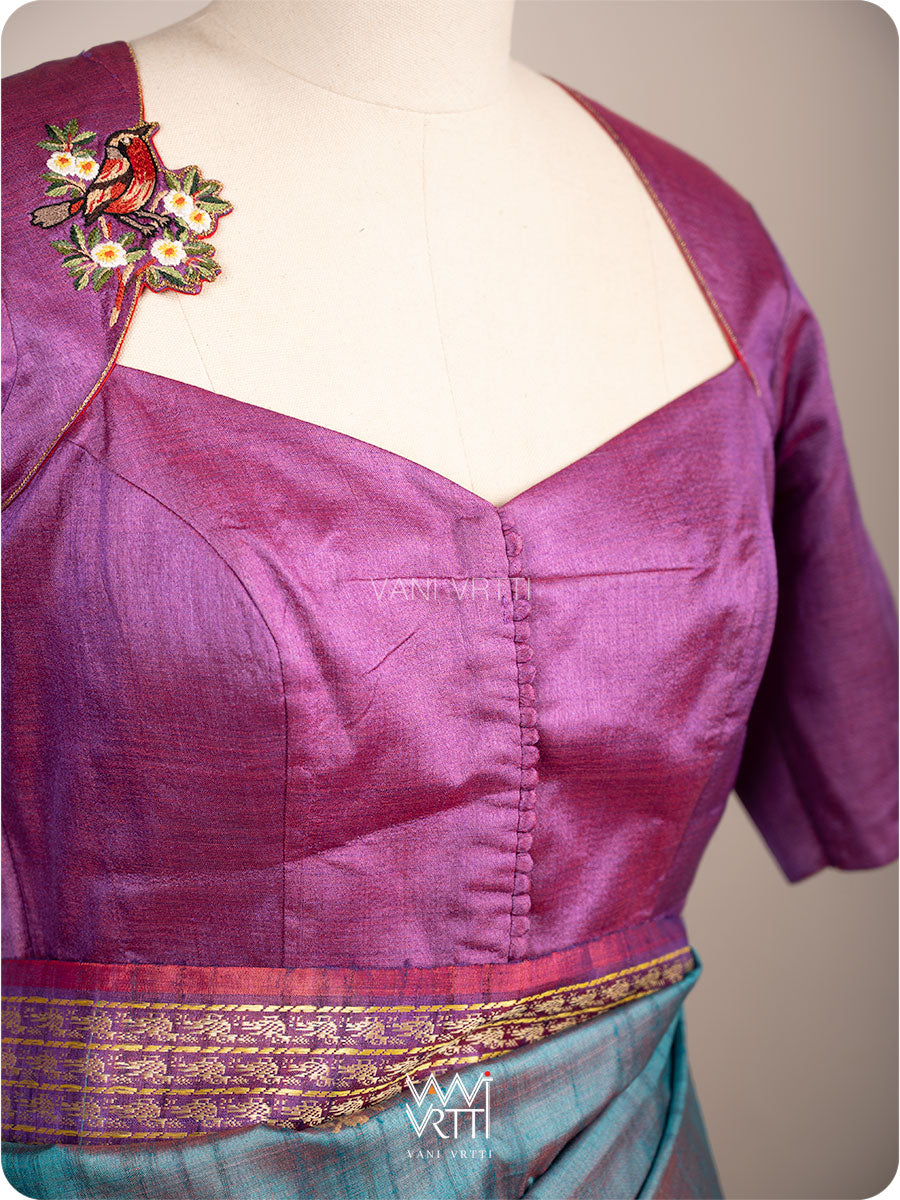 Reddish Purple Parijat Flowers And Nightingale Bird Hand Embroidery Tussar Silk Blouse