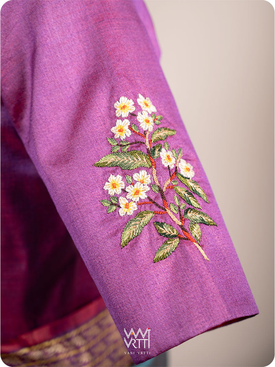 Reddish Purple Parijat Flowers And Nightingale Bird Hand Embroidery Tussar Silk Blouse