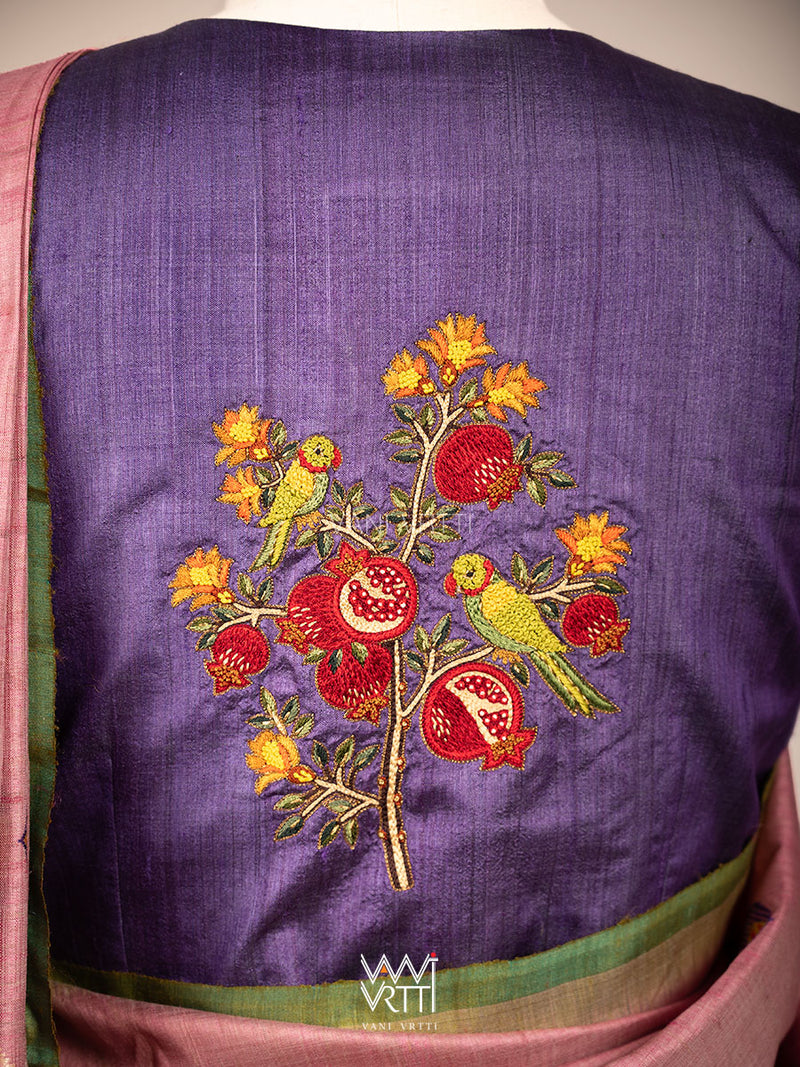 Deep Purple Pomegranate And Parrot Hand Embroidery Tussar Silk Blouse
