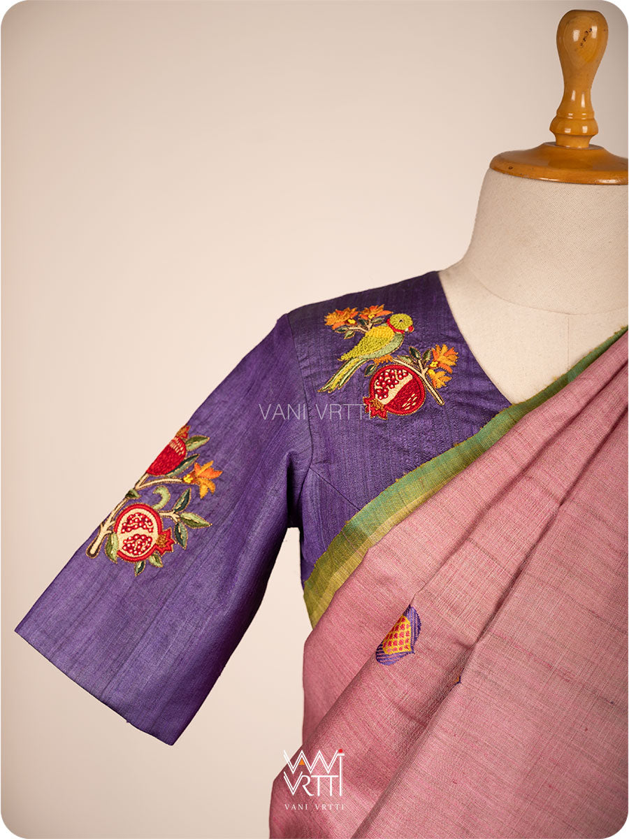 Reddish Purple Parijat Flowers And Nightingale Bird Hand Embroidery Tussar Silk Blouse