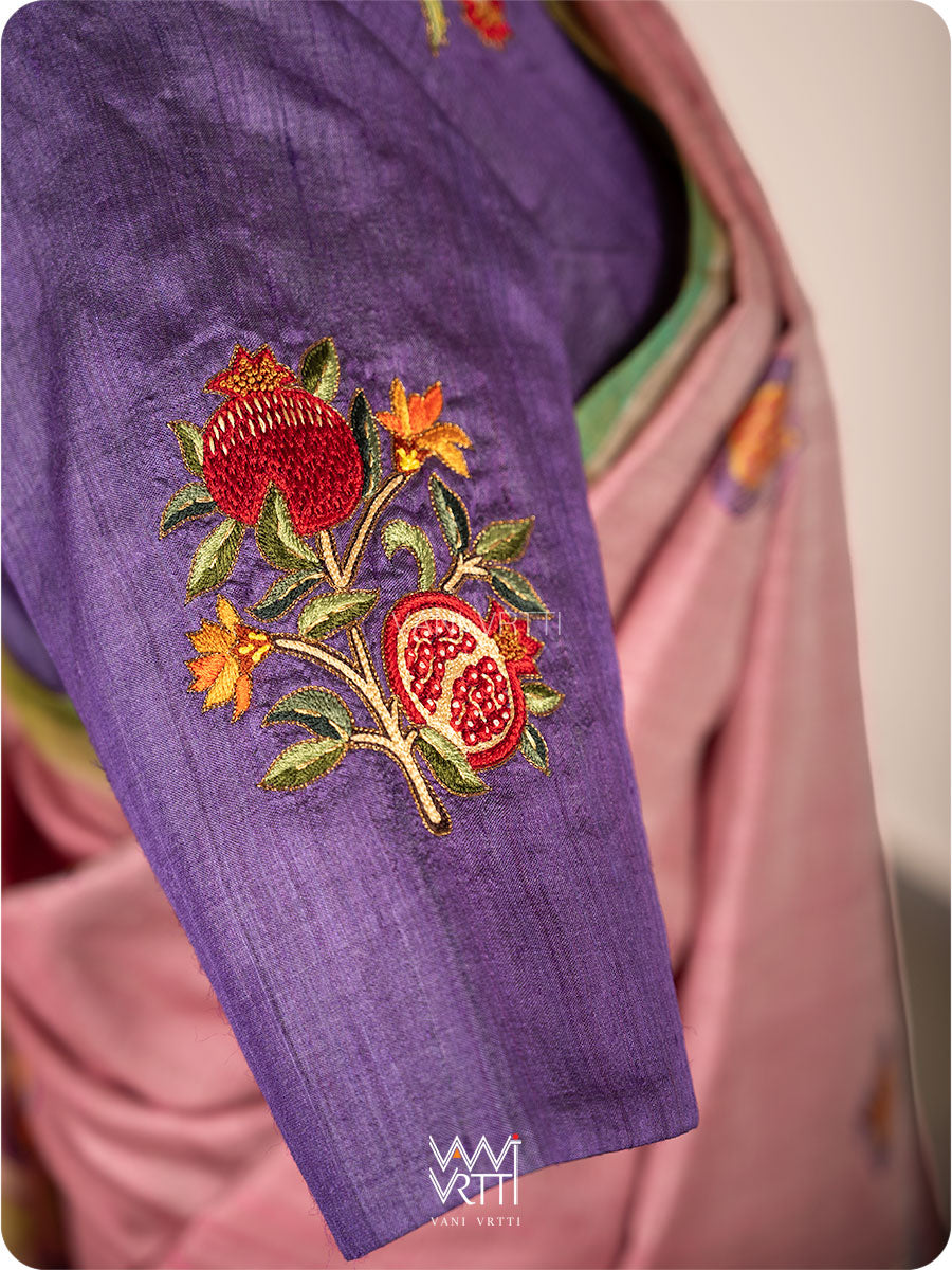 Deep Purple Pomegranate And Parrot Hand Embroidery Tussar Silk Blouse