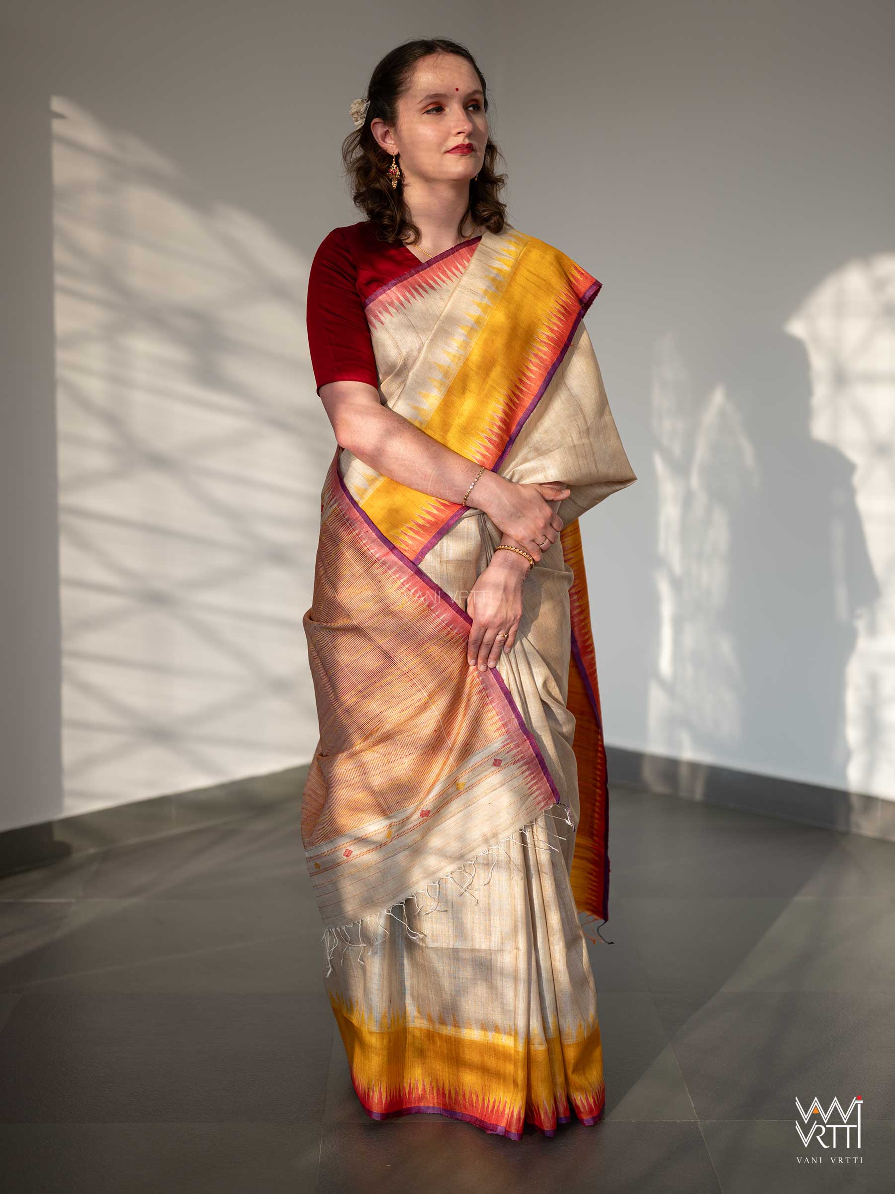 Off White Mustard Yellow Red Sangam Bristi Handspun Tussar Silk Saree
